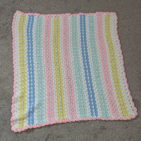 HOMEMADE Baby Afghan Blanket; Pink, Blue, Yellow, White, Green; Size 43 x 43 - Picture 2 of 3